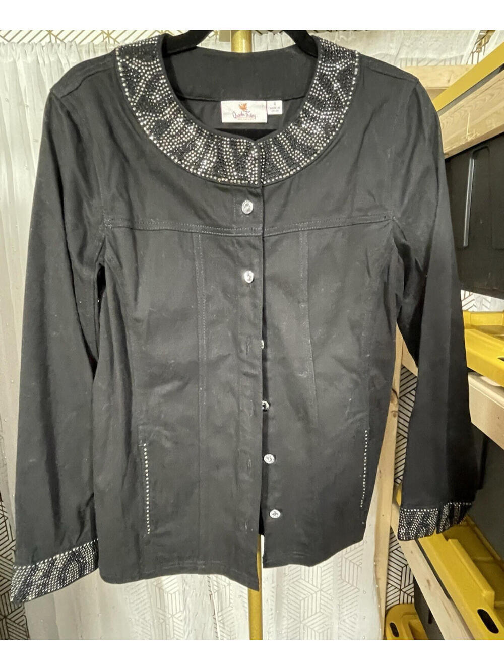 Quacker Factory Jacket Women's Black Denim Jean Rhinestone Embellishments Small